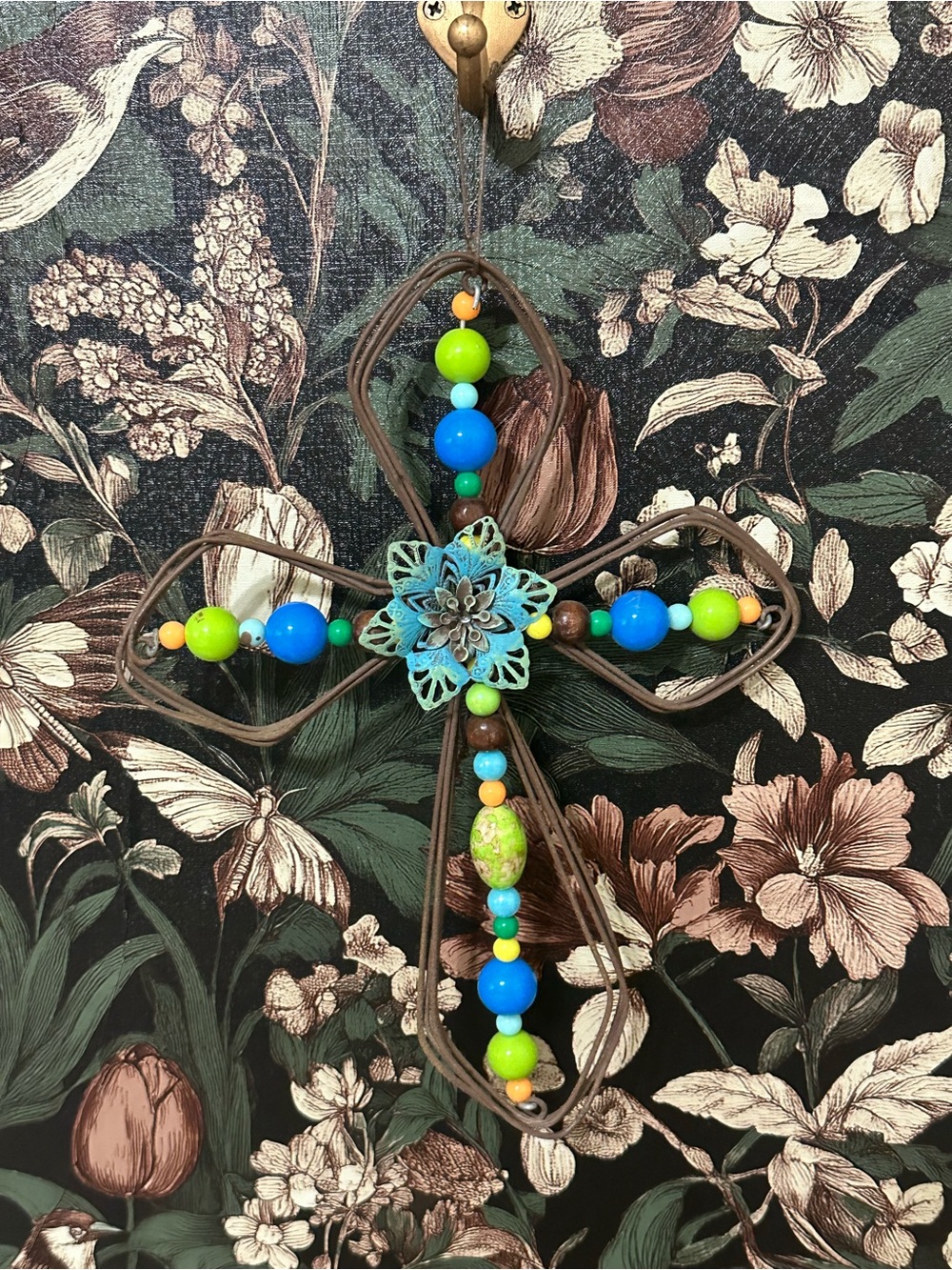 Wrought Iron Multi Colored Beaded Cross Hand Made Home decor